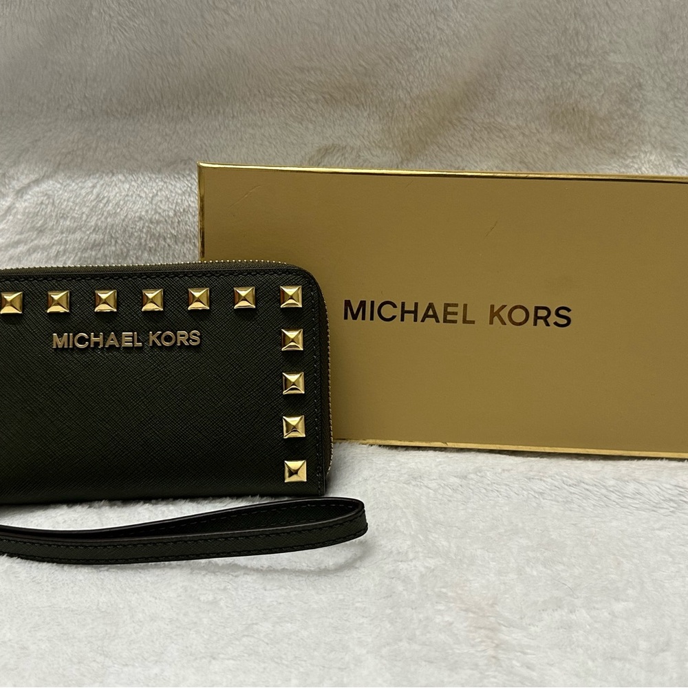 New Michael Kors Olive Green Pouch with Gold Hardware with Box
